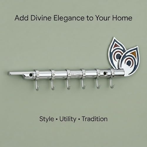 Image of Big Brass Antique Krishna Flute for Key Holder /Key Stand /Keys Hanger Hook /Key Holders for Wall Stylish /Keys Rack Hook /Key Hanging Hooks - Home Decor, Wall Mount - 6 Hooks (Chrome Plated)
