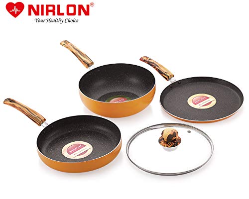 Image of Nirlon Orange Flamy 4-Piece Aluminium Non Stick Dishwasher Safe Cookware Gift Set with Glass Lid (Compatible with All Gas & stovetops Only)