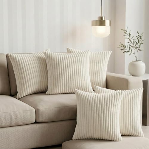 Image of Yellow Weaves Pencil-Stripe Fur Cushion Covers | Soft Polyester | Decorative Sofa & Throw Pillow Covers | 16x16 Inches, Pack of 5 (Ivory)