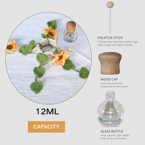 Image of ROFIGL Handmade Crochet Hanging Car Air Freshener - Sunny Sunflower Design, 12ml Refillable Thick Glass Bottle, Car Diffuser for Rearview Mirror, Home & Office Cheerful Decor