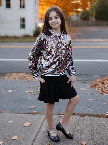 Image of LOLANTA Girls Sequin Jacket, Long Sleeve Kids Bomber Coats with Pockets, Spring Fall Outfits for 4-15 Years