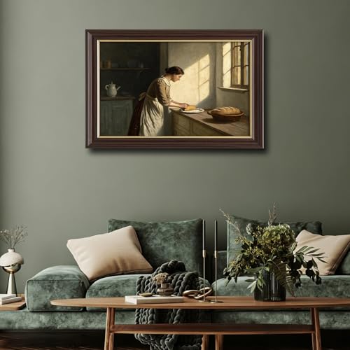 Image of Vintage Framed Kitchen Woman Canvas Art, Antique Bread Making Oil Painting Canvas Prints Pictures, Farmhouse Wall Decor for Living Room Bedroom Dining Room