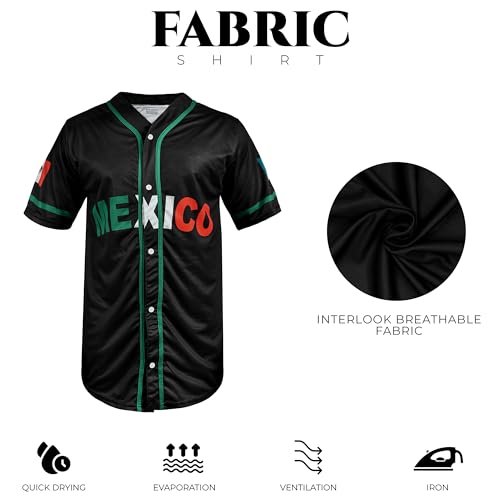 Fury Camiseta de beisebol do México, camiseta de beisebol preta do México com botões bandeira mexica