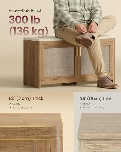 VASAGLE ELLAN Collection - Boho Shoe Bench with Cushion, Entryway Storage Bench with 2 Rattan-Look Cabinet Doors, Rounded Corners, Adjustable Shelf, for Bedroom Under Window, Natural Brown ULSB501KC01 - 4