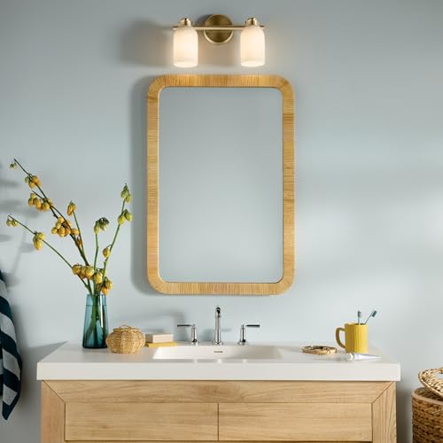 Image of Kichler Shae 2-Light Bathroom Vanity Light, Champagne Bronze | White opal glass vanity light for modern bathroom mirrors (15 inch x 9 inch), 55201CPZ