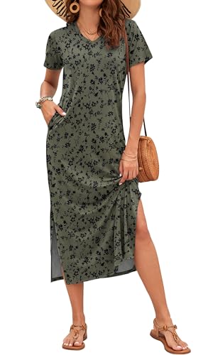 Image of MISFAY Womens Maxi Dress Short Sleeve V Neck Loose with Pockets | Soft stretchy breathable, v neck loose fit, side split hem, two side pockets, casual daily beach vacation travel dress