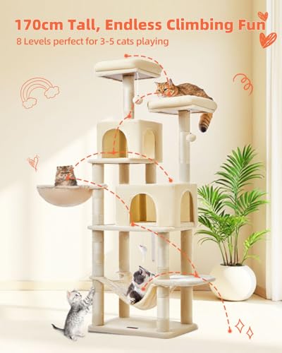 Image of Taoqimiao Cat Tree, 67 in Tall Cat Tower with 2 Plush Cat Condos | 7 Scratching Posts, 2 Top Perches, Cozy Hammock & Basket, Indoor Cats, 2 Pompoms & Mouse Toy, Beige, MS013M