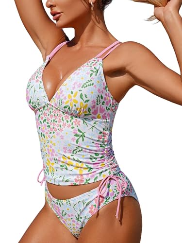 ZAFUL Womens Bathing Suits Beach Tankini hot Spring Spaghetti Strap Two piece Swimsuit Cute Swimsuits for Teens Plus Size Women Tankini Set Ruched Bathing Suits for Women Over 60 Pink Floral M