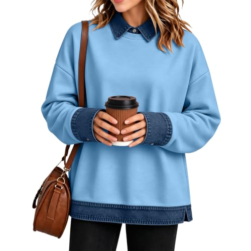 Polo Shirts for Women Denim Patchwork Button Collared Long Sleeve Top - image 2