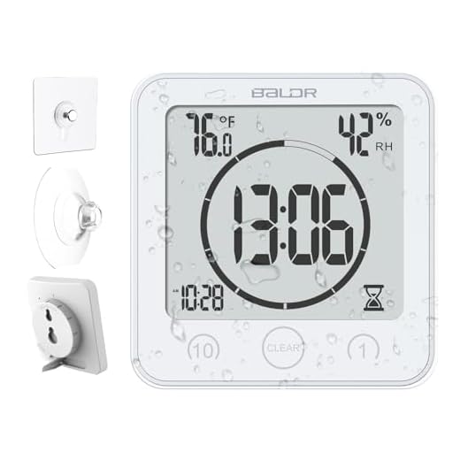 BALDR Digital Shower Clock with Timer - White - Water-Resistant Shower Timer, Countdown Timer Clock with Temperature and Humidity, Digital Clock for Shower, Bathroom Clock, Alarm Clock Battery Powered