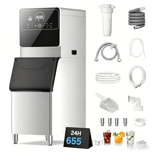 Commercial Ice Maker Machine 655 Lbs/24H Industrial Ice Maker Machine Commercial Ice Machine with 400Lbs Storage, Ice Ready in 5-12 min, Stainless Steel Ice Maker for Bar Cafe Business Restaurant