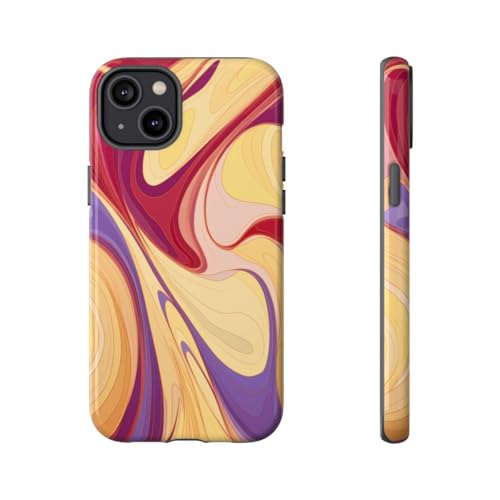 Coque iPhone 14 Plus rigide brillante au motif abstrait jaune et bordeaux