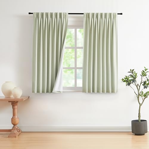 Image of Vision Home Soft Green Pinch Pleated Full Blackout Curtains Linen Blended Room Darkening Curtain Panels 63 inch for Living Room Bedroom Thermal Insulated Pinch Pleat Drapes with Hooks 40 inch Wx63 Lx2