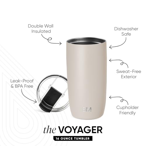 Simple Modern Travel Coffee Mug Tumbler with Flip Lid | Reusable Insulated Stainless Steel Cold Brew Iced Coffee Cup Thermos | Gifts for Women Men Him Her | Voyager Collection | 16oz | Almond Birch