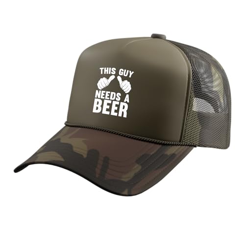 This Guy Needs A Beer | Funny Drinking Beer Humor Vintage Trucker Hat with Adjustable Mesh Back, Camo Green