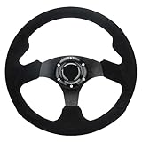Universal Car Racing Steering Wheel Suede Leather 320mm 12.5” Drift Sports Flat Steering Wheel with Black Stitch and Horn Button