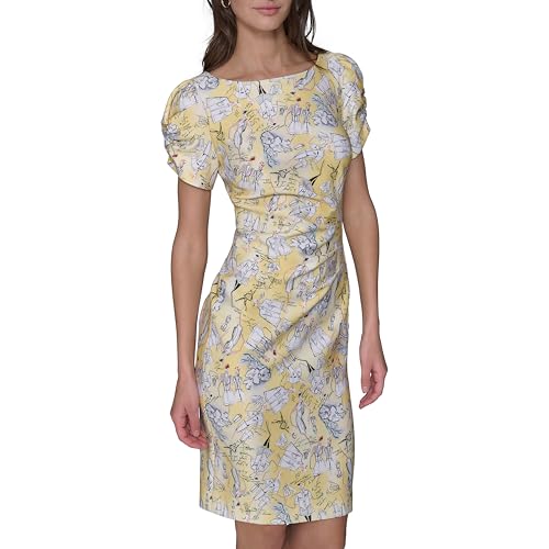Image of KARL LAGERFELD Short Ruched Sleeve Jewel Neck Sheath Mini Dress