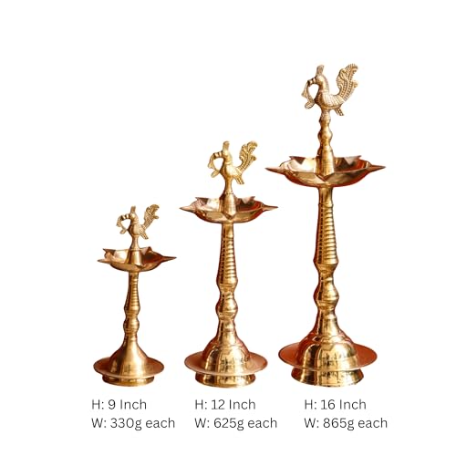 Image of Samai Diya for Pooja Big Size | 16 Inch Premium Kerala Brass Kuthu Vilakku | Peacock Design Panchmukhi Puja Diya, Home Temple & Gifting | Pack of 2 | 865g Each
