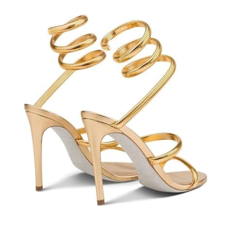 Image of perixir Gold Heels for Women, High Heels with Spiral, 4.17 inch Stiletto Heeled Sandals for Dressy Women, Lace Up Sandals Comfortable Slingback Sandal