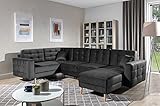 Fabrication européenne VENESETTI Canapé panoramique Convertible - ASMA Velours - en Tissu de qualité 5 Places, Gris Anthracite, méridienne à Droite et Angle à Gauche (vu de Face)