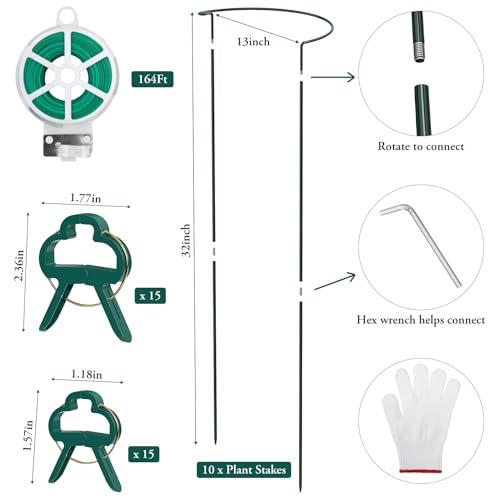 Unves 10 Pack Peony Cage, 13" W x 32" H Half Round Plant Support Stakes, Heavy-Duty Peony Cages and Supports for Outdoor & Indoor Plants, Garden Stakes for Plant Vegetable with Clips, Ties and Gloves by Unves - Image 3