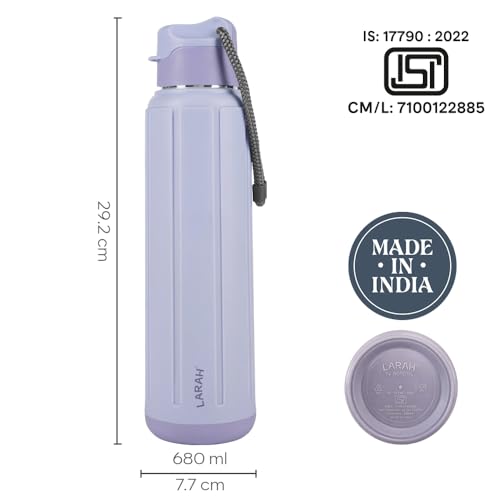Image of Larah by Borosil 680 ml Amaze Lavender Stainless Steel Water Bottle | Made in India Pu Insulated Thermoware | Leakproof, BPA Free| Bottle for Office, School, College & Gym, Daily Use | 1 Year Warranty