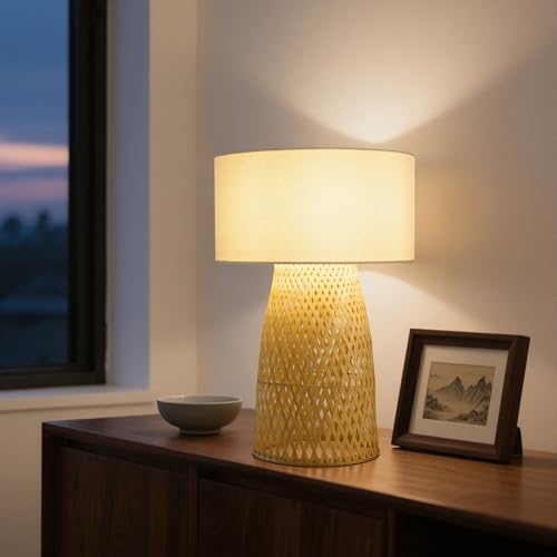 Image of Boho Bamboo Table Lamp, Handwoven Bedside Lamp with Linen Shade, Small Natural Weave Nightstand Light for Living Room, Tea Room, Desk,White