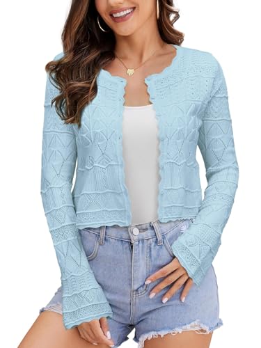 Image of FAIRY SEASON Women's Cropped Cardigan Sweater, Openwork Hollow Knit Shrug | Bell Sleeve, Versatile Outerwear to Match Dresses for Daily Outings, Dinner Dates and Casual Evening Occasions