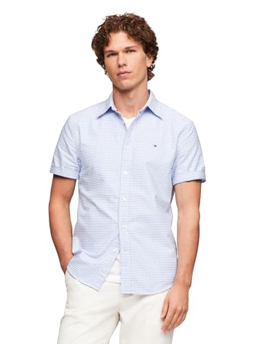 Tommy Hilfiger Camisa masculina Oxford de manga curta, ajuste regular, abotoada, Azul nublado/xadrez, GG