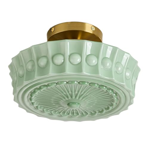 FCTWAKS Schoolhouse Ceiling Light Fixture 13.8 Green Milk Glass Semi Flush Mount Mid Century Vintage Ceiling Light for Bedroom Hallway Kitchen E26 Base Bulb Included