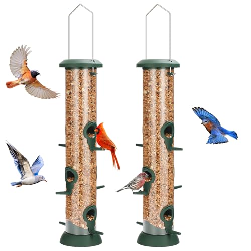 FEED GARDEN 2 Pack Tube Bird Feeders for Outdoors Hanging - Premium Hard Plastic Wild Bird Feeder with 6 Ports Easy Refill & Clean 15 Inch Green