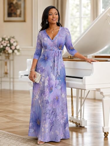 Image of PinkPatty Plus Size Maxi Dresses for Women Casual Flowy Long Dress 3 /4 Sleeve V Neck Wrap Dress with Belt