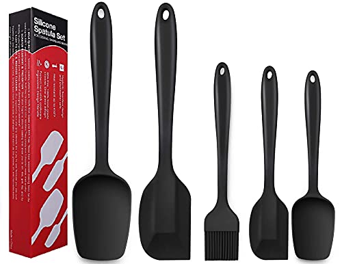 Baskety Silicone Spatula Set Kitchen Utensils Set of 5 With Basting Pastry Brush Heat Resistant Non-Stick, for Cooking Baking Cake Decorating, Rubber Spatula Turner Spoonula Black