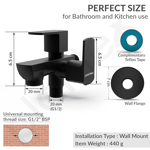 Image of Plantex Two Way Tap for Washing Machine /Quarter Turn 2 in 1 Bib Cock /Wash Basin tap with Teflon Tape and Wall Flange /2 Way Bathroom Tap with Brass Spindle -(Saga-Black)