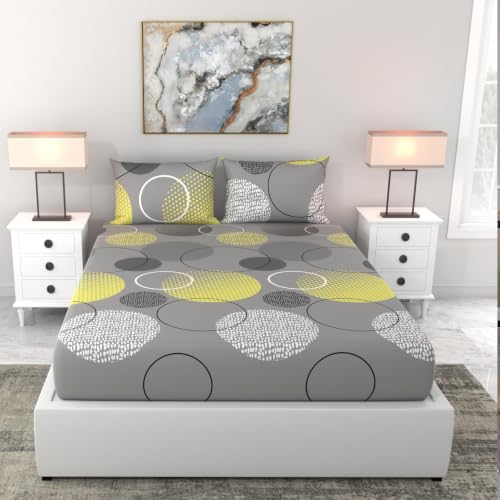 Image of LORETO - A QUALITY LINEN BRAND 144 TC 100% Pure Cotton Double /Queen Fitted Bedsheet with 2 Pillow Covers for 72 x 60 Inch Mattress, All-Around Elastic, 8 Inch Deep Pocket, Grey & Yellow Geometric