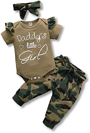 Kislio Newborn Baby Girl Clothes Camouflage Outfit Daddys Girl Ruffle Romper Camo Pants Headband Set