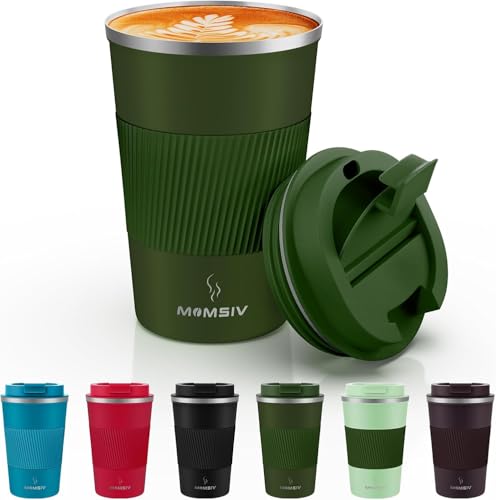 Image of MOMSIV 12oz Travel Mug, Insulated Coffee Cup with Leakproof Lid, Vacuum Stainless Steel Double Walled Reusable Tumbler for Hot and Cold Water Coffee and Tea In Travel and Car Armygreen 380ML