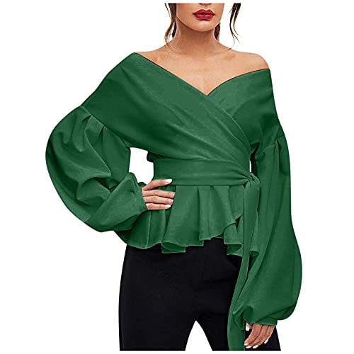 Peplum Blouses for Women Elegant Formal Deep V Neck Ruffle Bell Sleeve Fashion Office Work Blouses Waist Wrap Tops (1 Green, Large)