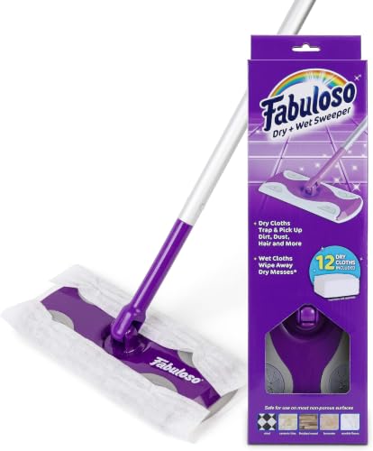 Fabuloso Dry and Wet Sweeper, 2-in-1 Floor Dust Mop for Dry Sweeping and Light Wet Mopping, Lightweight Aluminum Handle, Swivel Low-Profile Head, Bonus 12 Dry Pads Included - 12 Pack