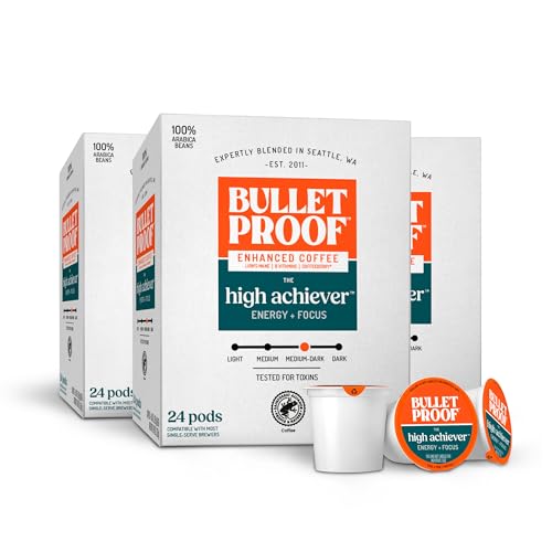 Bulletproof The High Achiever Single-Serve Pods, 72 count, Medium-Dark Roast Enhanced Coffee with Lion's Mane Mushroom, B Vitamins, and Adaptogens for Energy and Focus