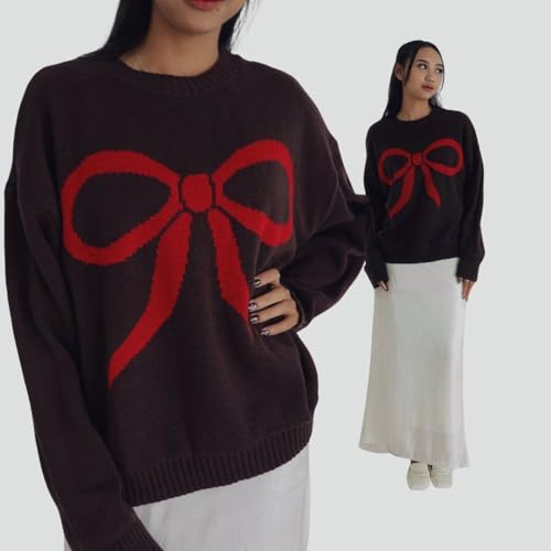 Image of Women Cute Bow Knit Sweater Y2k Long Sleeve Crew Neck Knitted Pullover Top Oversized Going Out Fall Winter Knitwear