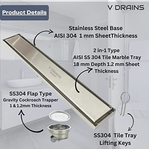 Image of 600x100 mm Tile Marble Insert Floor Shower Drain Channel | Linear (Long) Drain for Bathrooms, Floor, Balconies of SS (Grade AISI 304 18 /8) with Cockroach Trap | Center Outlet (24x4 inches)