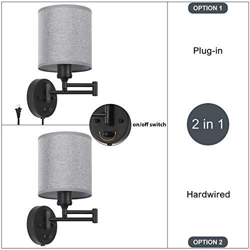 Plug in Wall Light Fixtures, Set of 2 Swing Arm Wall Lamps with Grey Linen Lampshade, Modern Bedside Wall Sconce for Bedroom Hallway Living Room Study - Thumbnail 7