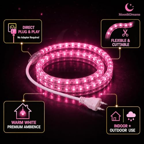 Image of MoonlitDreams 20M LED Rope Light | 120 LEDs /M Waterproof Strip Light | Pink Flexible Cove Light for False Ceiling, Balcony, Bedroom, Garden & Indoor Outdoor Decoration | Plug & Play Decorative Light