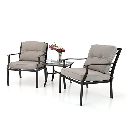 PHI VILLAPatio Conversation Sets 3 Piece Outdoor Bistro Set, 2 Steel Patio Chairs with Padded Cushions & 1 Coffee Side Metal Table