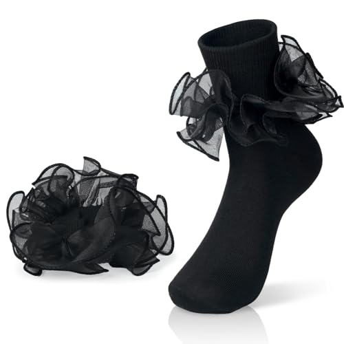 Snycler Womens Big Ruffle Ankle Socks Adult Lace Turn Cuff Cotton Frilly Dress Socks Cute Bobby Sock with Ruffles Socks Black - 1 Pair