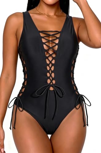 Holipick Women Black Sexy One Piece Swimsuit One Shoulder Bathing