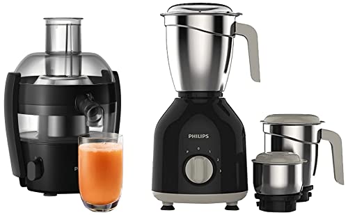 Philips Viva Collection HR1832/00 1.5-Litre 500-Watt Juicer (Ink Black) and HL7756/00 Mixer Grinder, 750W, 3 Jars (Black) Philips Viva Collection HR1832/00 1.5-Litre 500-Watt Juicer (Ink Black) and HL7756/00 Mixer Grinder, 750W, 3 Jars (Black)