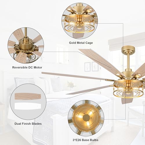 Image of 72 inch White and Gold Ceiling Fan with Lights Fandelier Ceiling Fan | Modern Caged Chandelier, Farmhouse Fandeliers with Lights and Remote for Living Room Indoor, Reversible DC Motor 6 Speeds