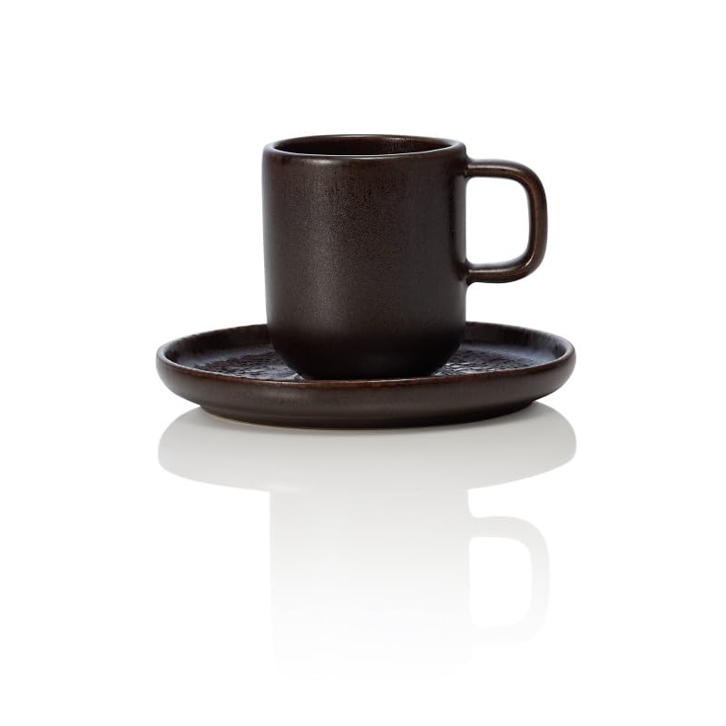 Juego de 6 tazas y platillos de espresso – cerámica, apto para lavavajillas, tazas de materias primas respetuosas con el medio ambiente, color marrón, 9 cl, platillo de 11,5 cm de diámetro